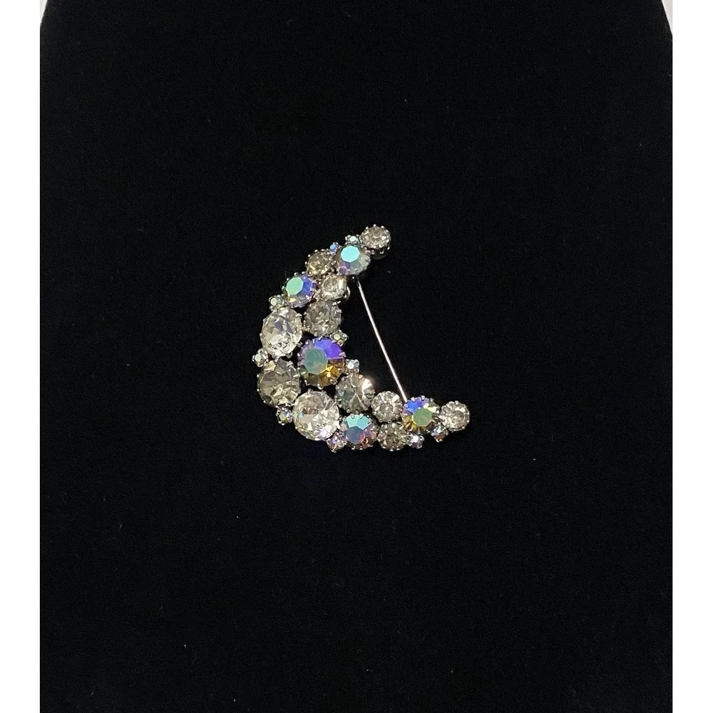 Vintage KARU Arke Blue‎ AB Rhinestone Crescent Moon Brooch Silver Tone Excellent